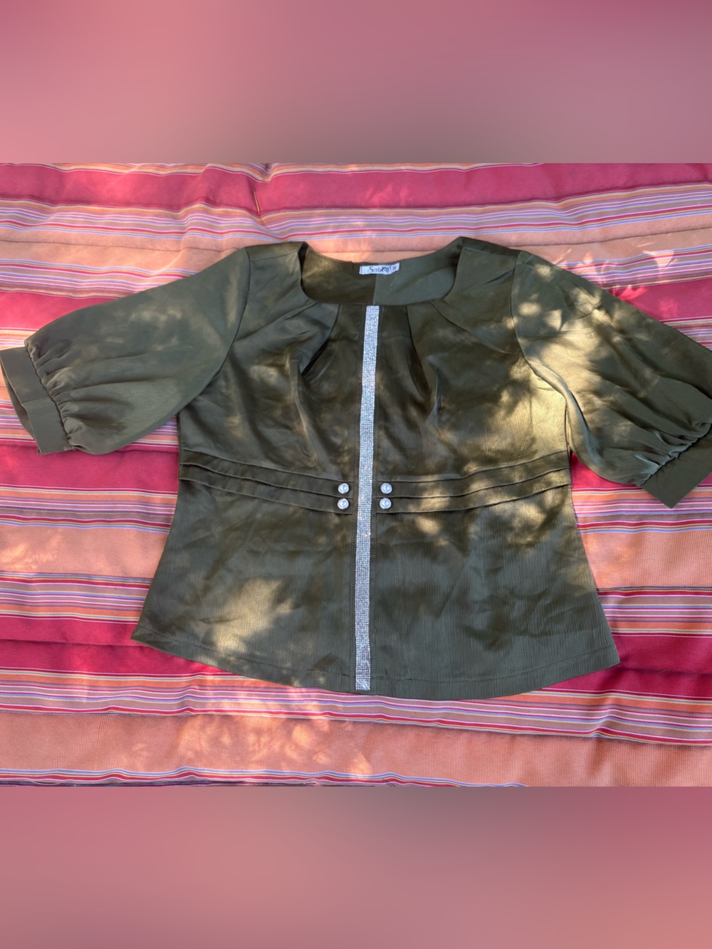 Olive Green Puff Sleeve Top with Decorative Button Detail